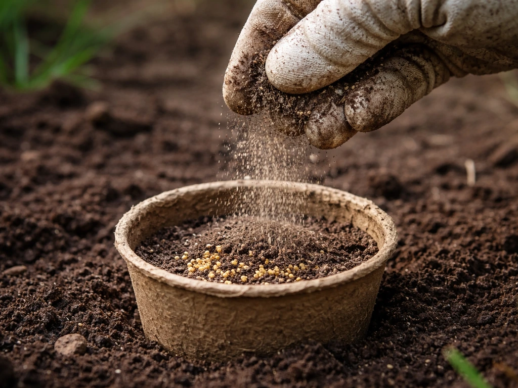 Main saupoudrant un terreau fin tamisé sur des graines en pleine germination, jardinage à petite échelle