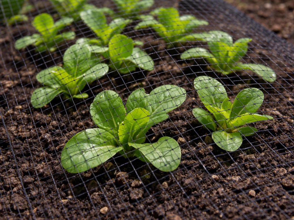 Semis recouvert d’un filet anti-oiseaux à mailles fines, posé directement sur les jeunes plants.