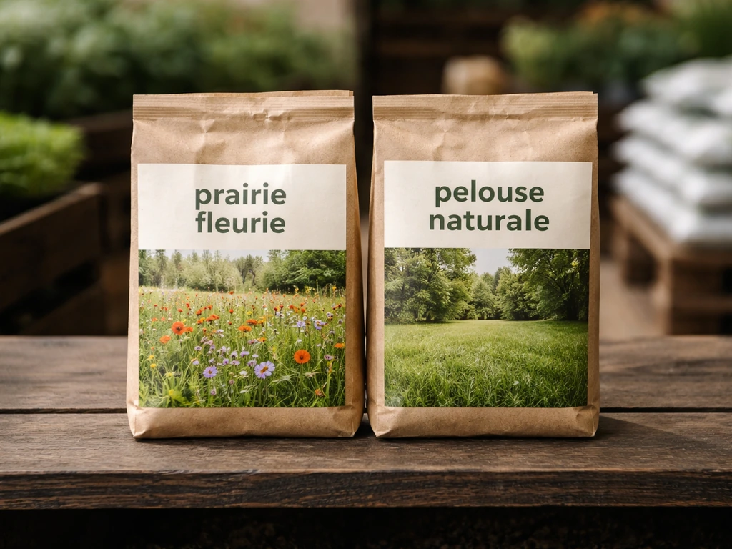 Étagère de jardin avec paquets de graines « prairie fleurie » et « pelouse naturelle », étiquettes nettes.
