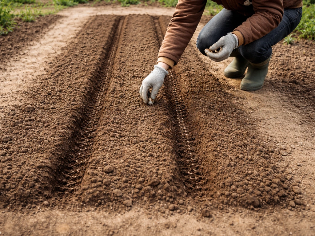 Deux lignes de semis dans un potager, sol fin émietté, repères d’allées, puis tassement léger avec rouleau