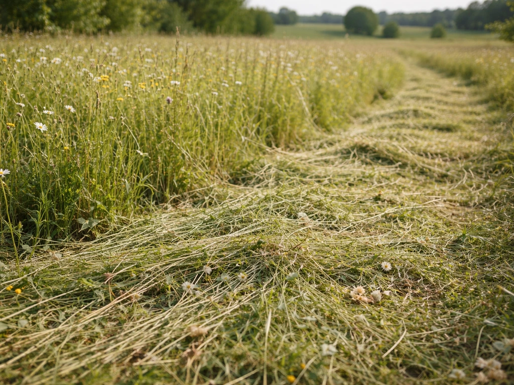 Prairie après fauche tardive, herbe plus haute, fleurs et résidus laissés au sol.