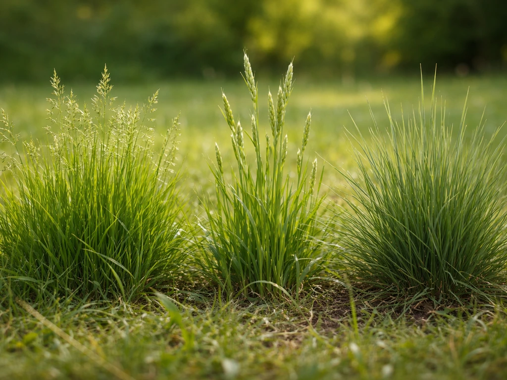 Gros plan de pâturin, ray-grass et fétuque dans l’herbe, textures de feuilles et petits épis visibles.