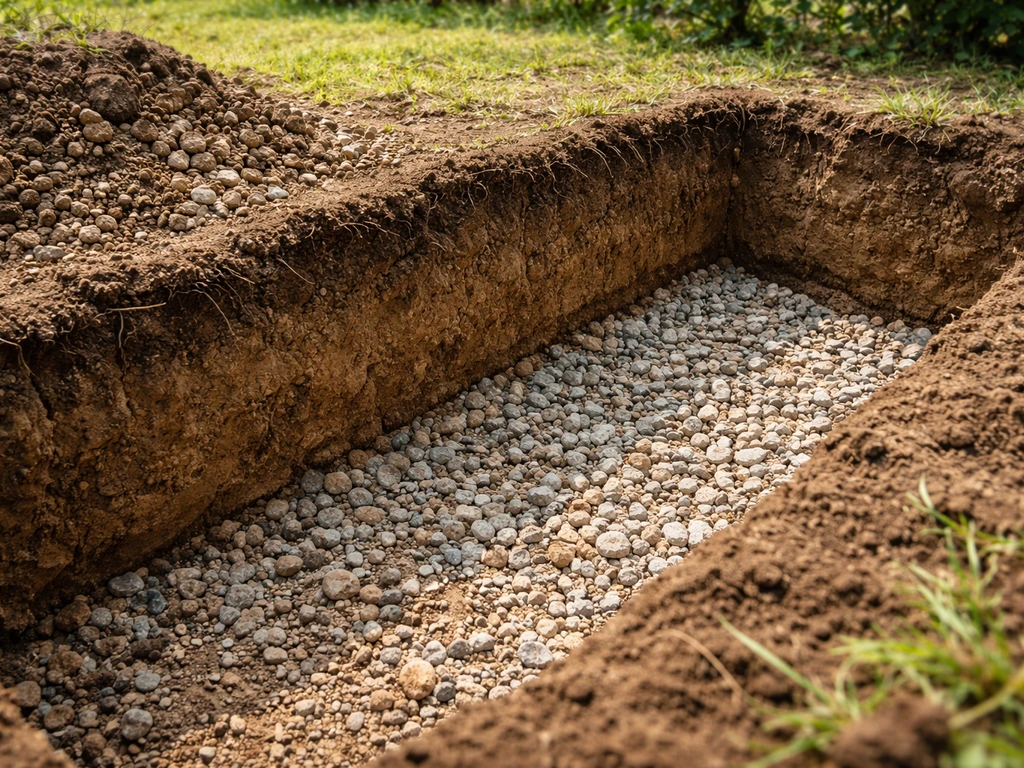 Tranchée dans un sol argileux montrant une couche de graviers drainants sous la terre pour le lit de semence.