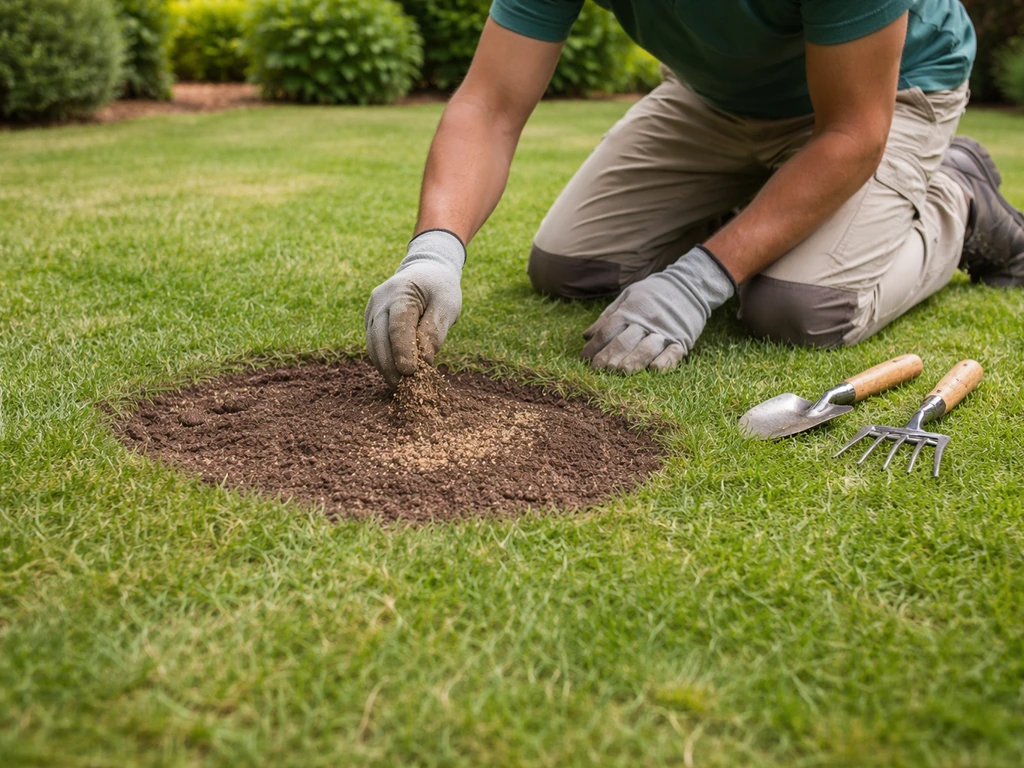 Jardinier anonyme réparant une petite zone de pelouse : creux comblé puis regarnissage local