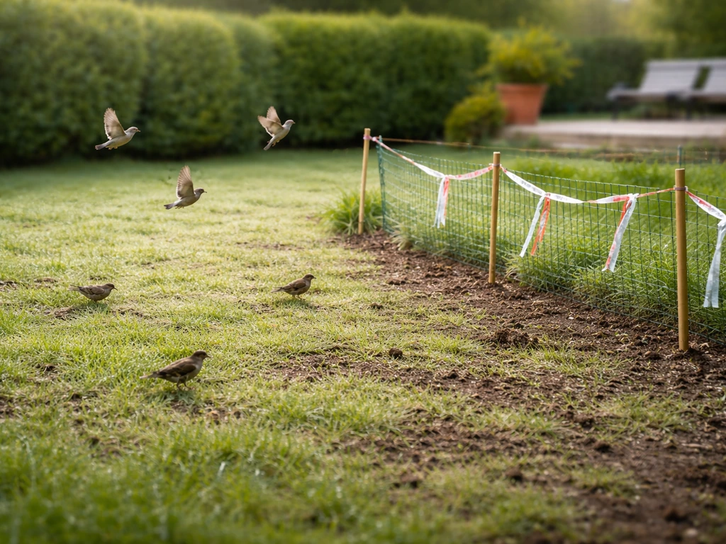 Oiseaux au-dessus d’un gazon fraîchement semé, avec une protection d’effarouchement discrète dans le jardin.