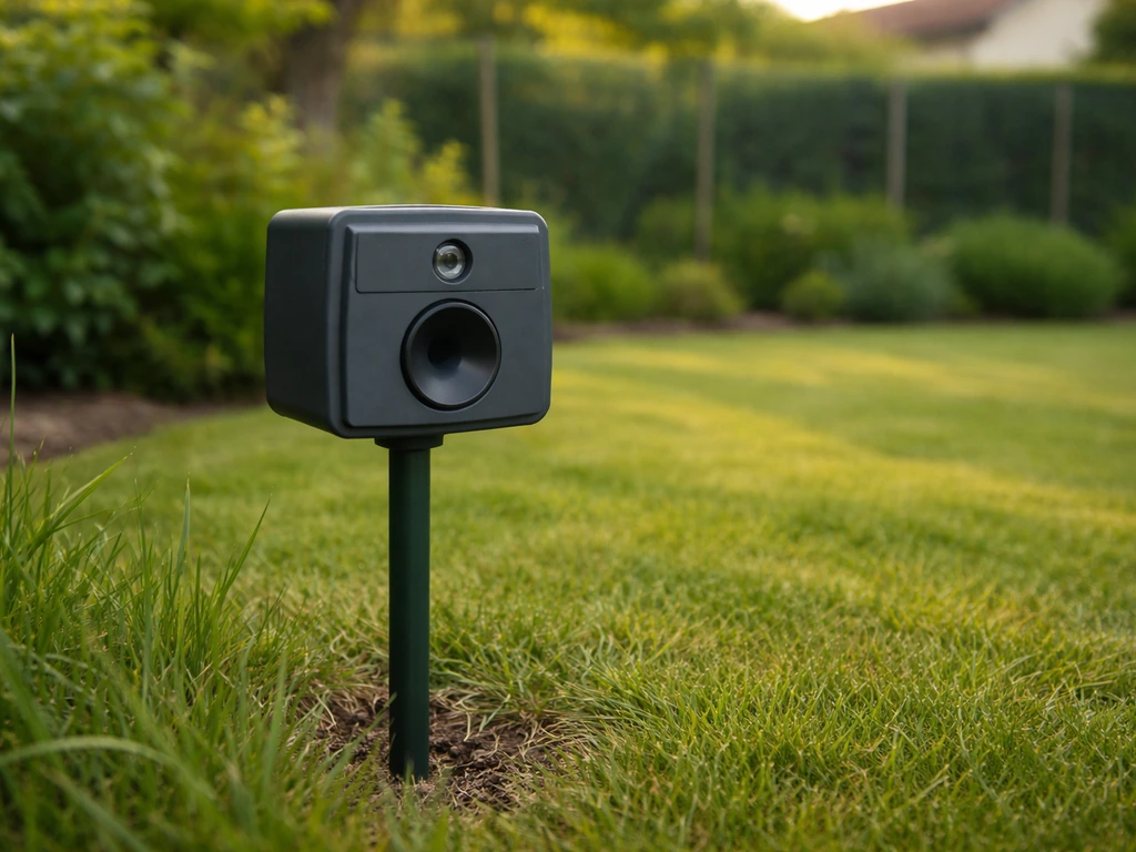 Effaroucheur sonore discret posé dans le jardin, haut-parleur orienté vers le gazon.