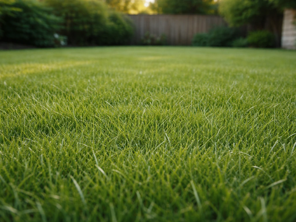 Pelouse dense et régulière, hauteur d’herbe contrôlée, sans sol nu visible dans un jardin.