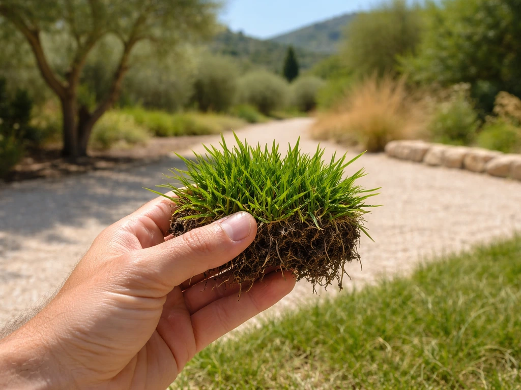 Main anonyme tenant une touffe de gazon vert, ambiance jardin du Sud de la France, lumière naturelle.