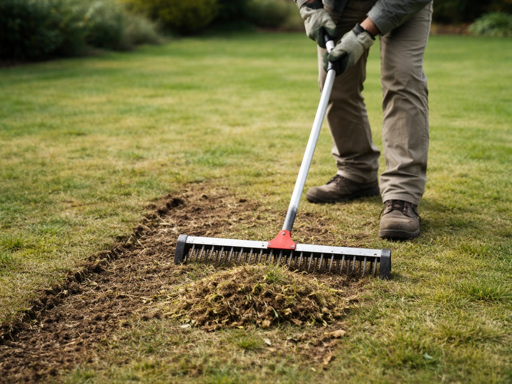 Scarification d’une pelouse vieillissante : sol aéré avec petites mottes et déchets végétaux bien contenus