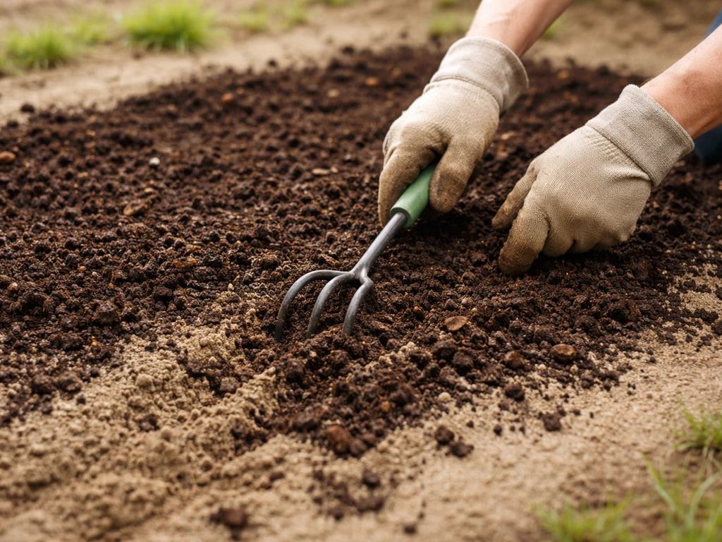 Gros plan d’un sol sableux amendé : compost épandu et travaillé à la griffe, mains anonymes.