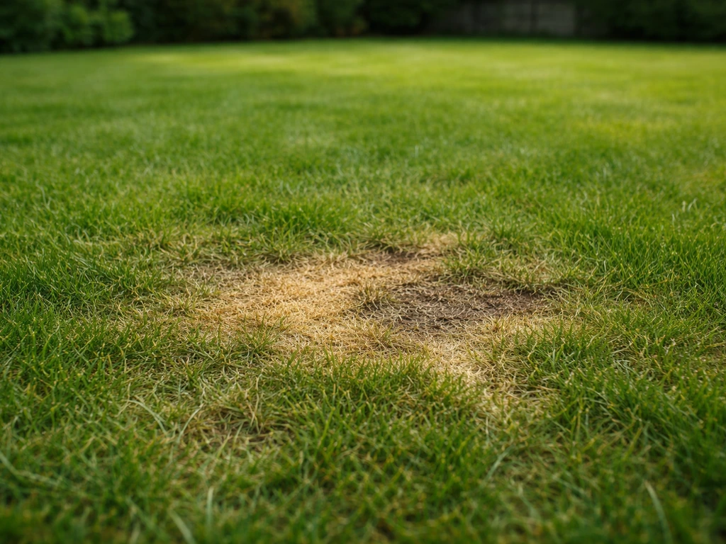 Pelouse de jardin avec zone brun-jaune brûlée, zones clairsemées et brins de gazon éclaircis.