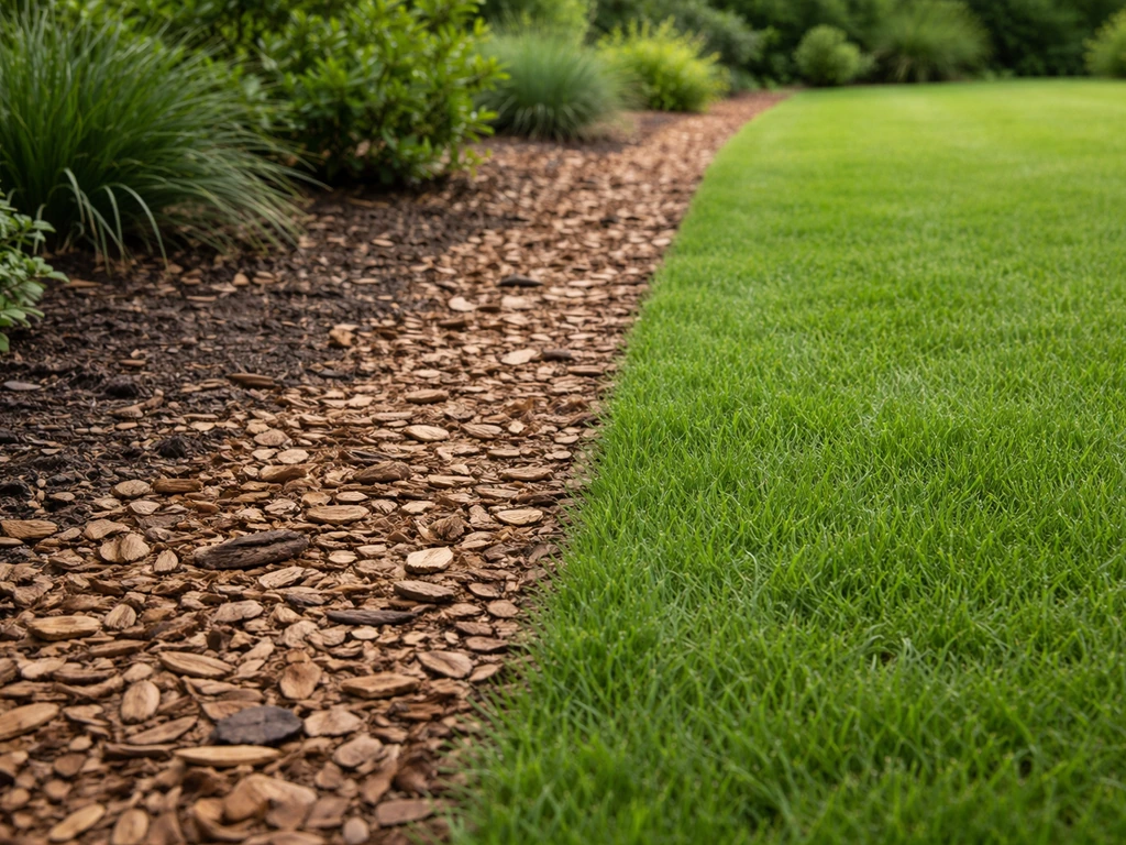 Bordure de pelouse et massif avec paillage épais en écorces, herbe intacte, ambiance jardin calme.