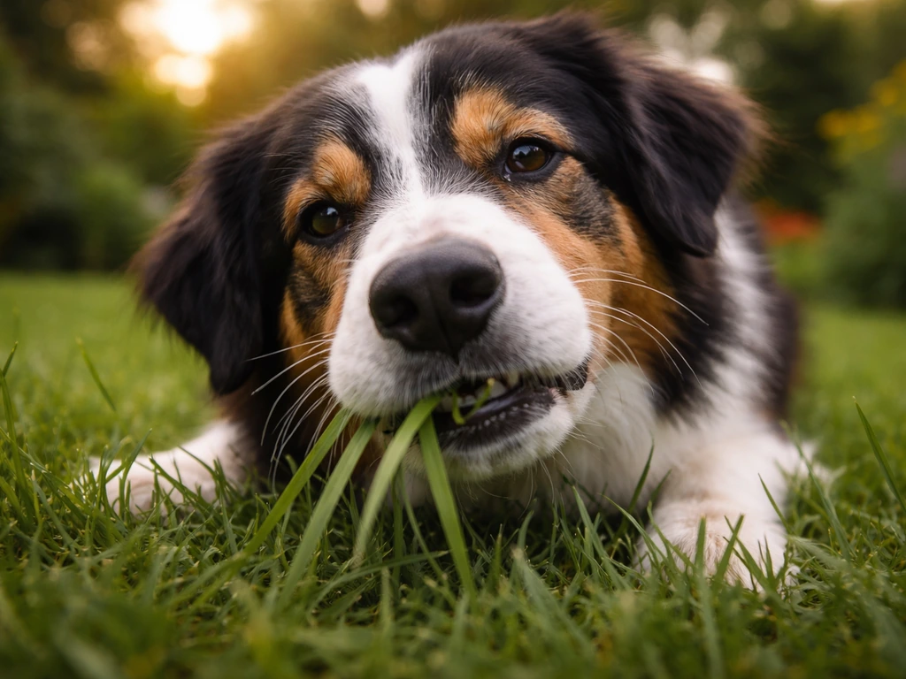 Un chien brout calmement l’herbe dans un jardin verdoyant, lumière naturelle et scène simple.