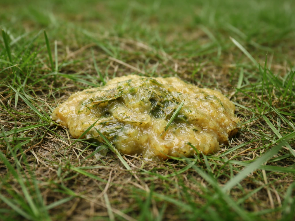 Gros plan sur un tapis d’herbe avec un vomi jaune et des brins d’herbe, aspect typique.