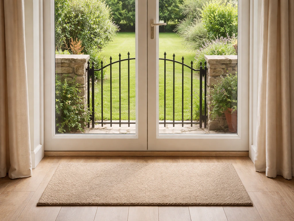 Porte-fenêtre fermée et portillon de jardin bloqué, avec un tapis au sol pour garder le chien à l’intérieur.