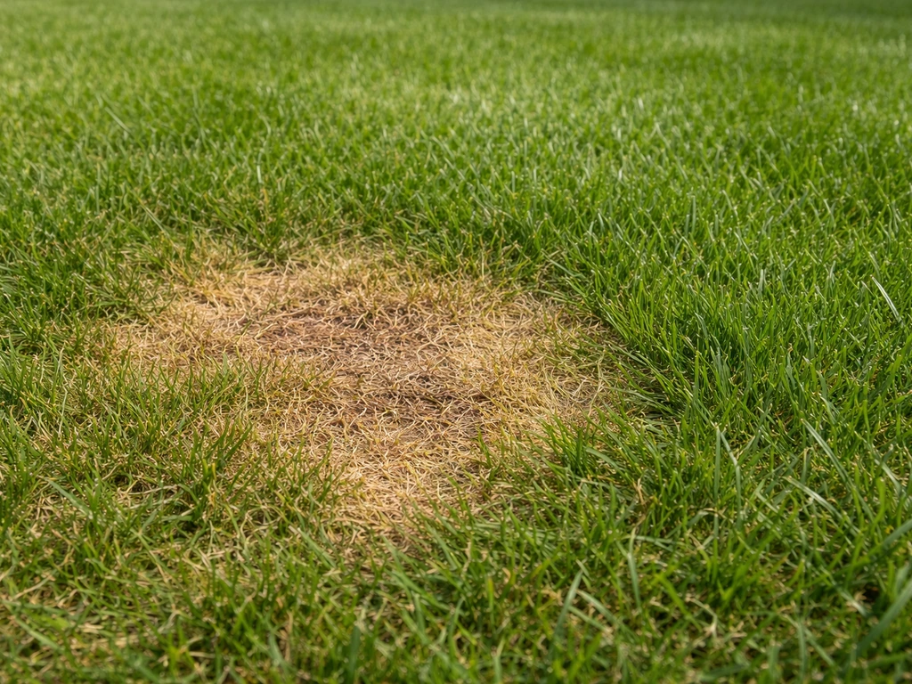 Gros plan d’une tache irrégulière jaune/brun sur pelouse comparée à une zone verte intacte.