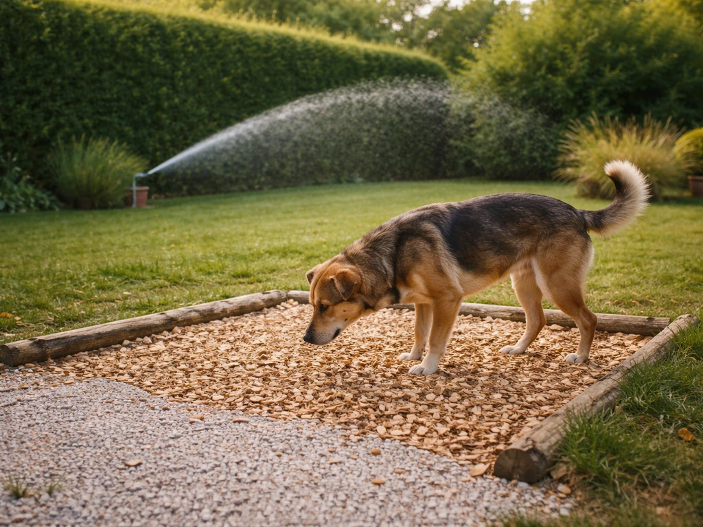 Chien ramené vers une zone paillée/gravier et jardin arrosé régulièrement pour limiter les dégâts de l’urine.