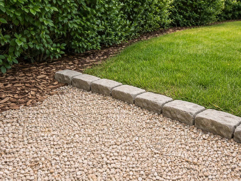 Coin de jardin délimité par une bordure : gravier clair près d’une pelouse verte, sans texte ni animal.