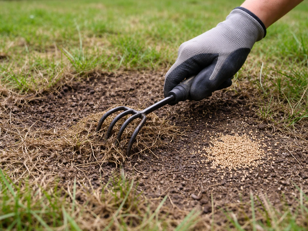 Jardinier anonyme scarifiant légèrement une zone de pelouse endommagée puis semant, terre et graines visibles.
