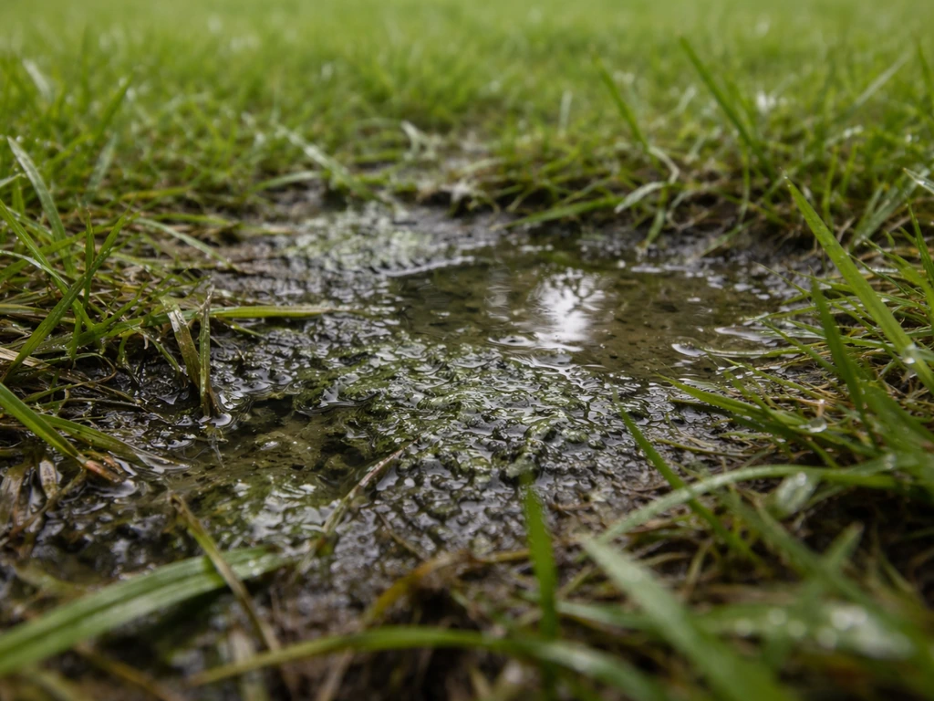 Gazon humide avec un film verdâtre/noirâtre formant une croûte près d’une zone où l’eau stagne.