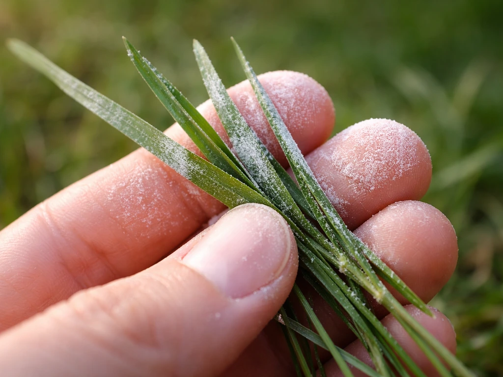 Brins d’herbe frottés entre les doigts, avec légère poudre blanche/grise évoquant l’oïdium.