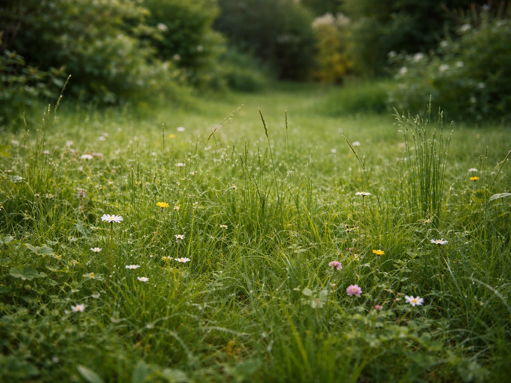 Pelouse de gazon sauvage verdoyante et dense avec graminées et petites fleurs dans un jardin français