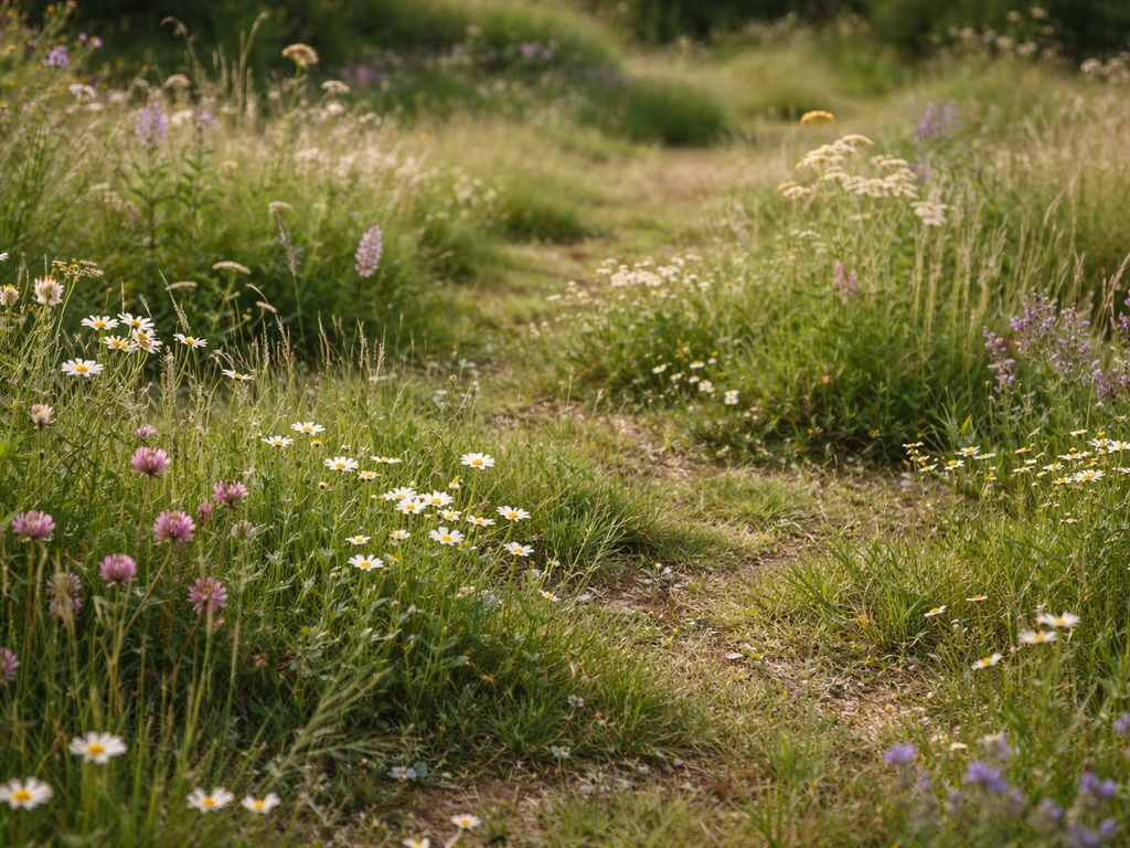 Gazon sauvage en strates, avec graminées et fleurs herbacées fleuries, aspect prairie en pleine saison.