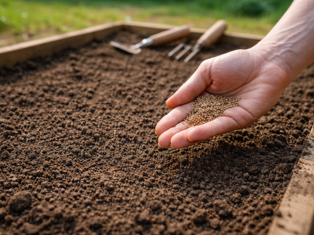 Surface de sol finement travaillée, main tenant des graines au-dessus d’un carré de terre nettoyé