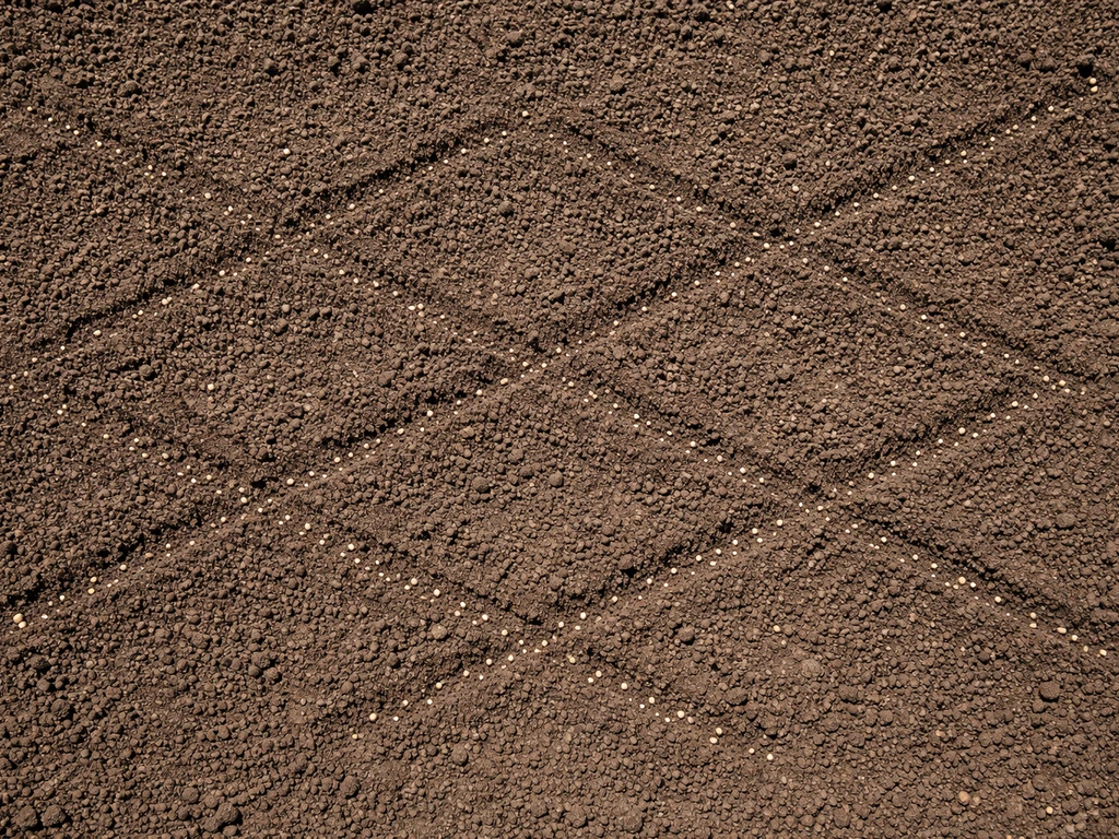 Vue de dessus de deux passages de semis croisés sur une parcelle de jardin préparée, sol légèrement tassé