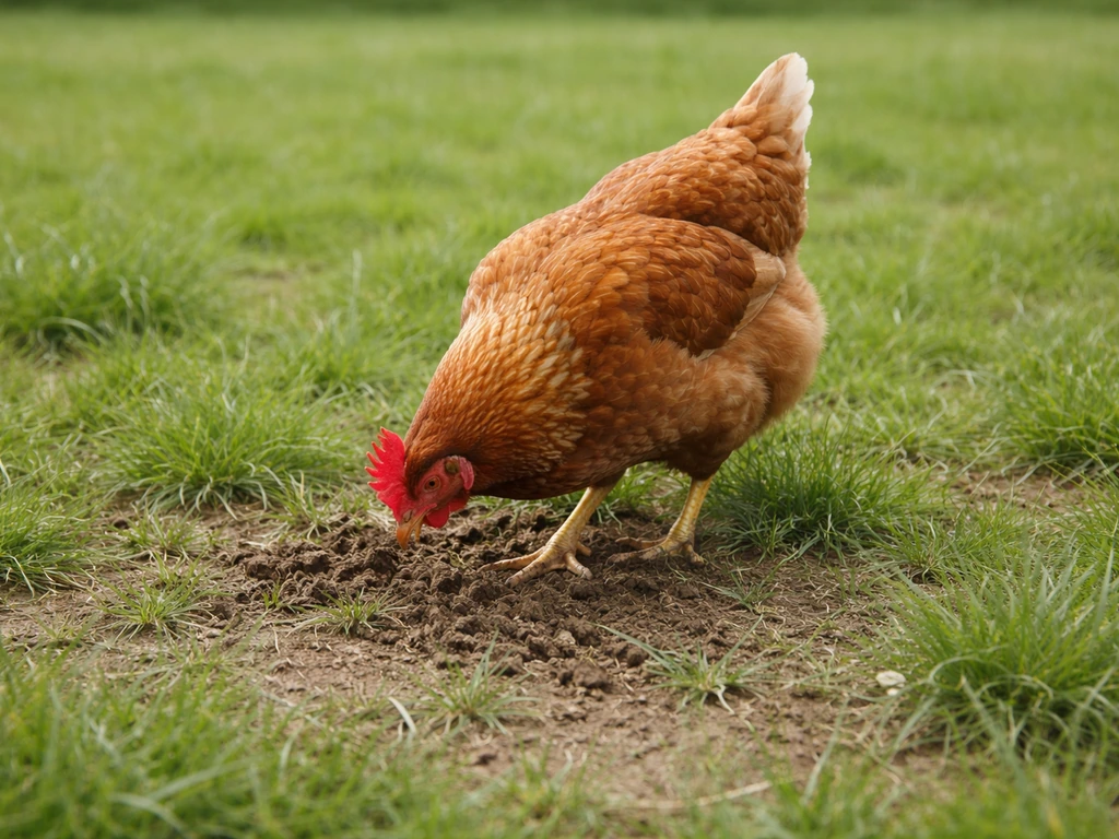 Une poule rousse grattant une pelouse, avec herbe arrachée et traces de piétinement visibles.