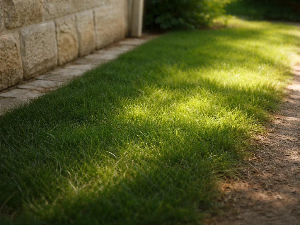 Gazon vert en zone partiellement ombragée près d’un bâtiment, herbes fines sous une lumière douce