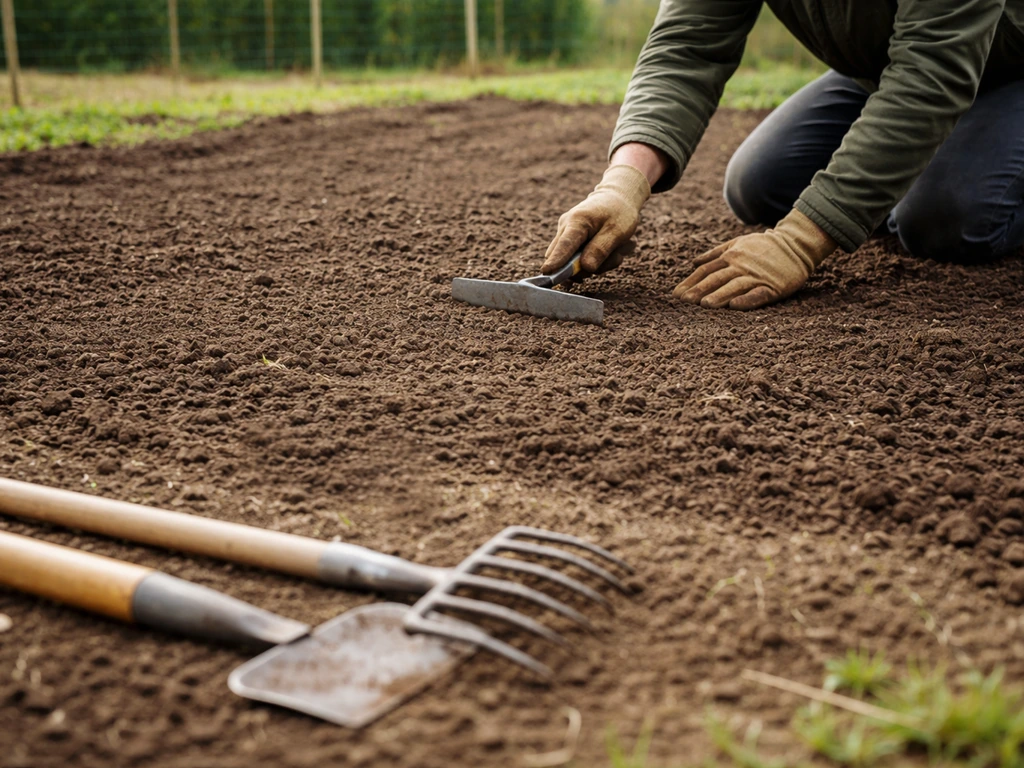Sol de jardin nivelé, outils de jardin posés au sol, aucun point d’eau stagnante.