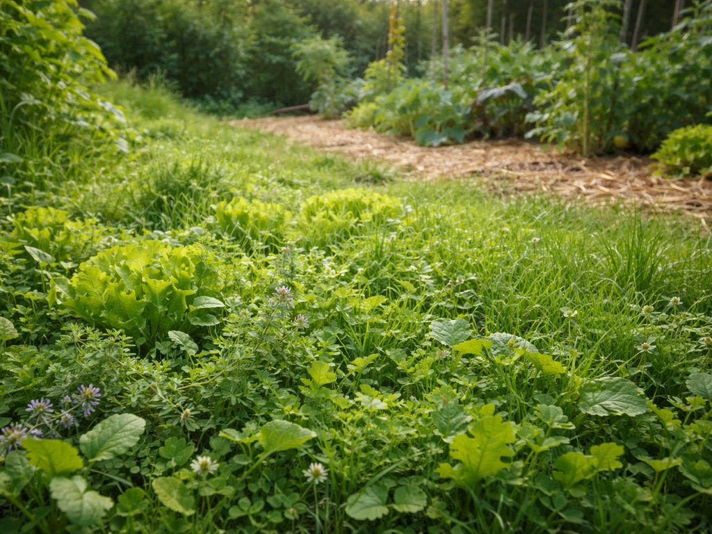 Gazon potager dense et comestible, graminées et plantes basses, sol paillé visible en arrière-plan.