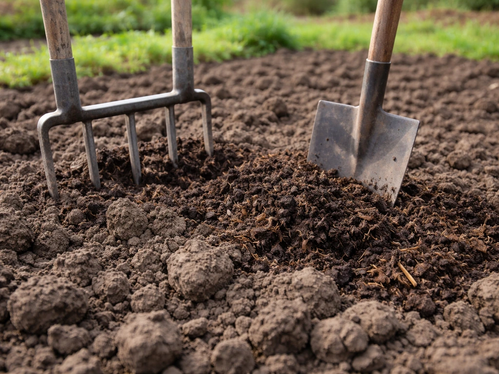Bêche et grelinette dans une terre argileuse, avec une bêcheuse de compost en cours d’incorporation