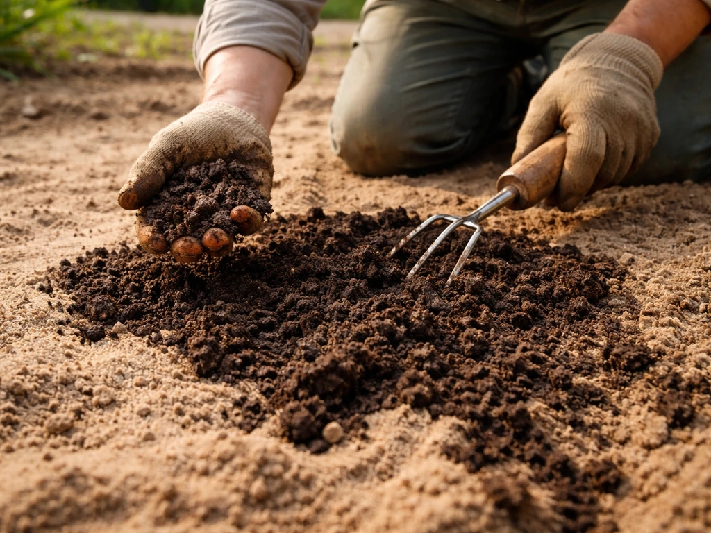 Épandage de compost très mûr sur un sol sableux, puis enfouissement à la main pour retenir l’eau.