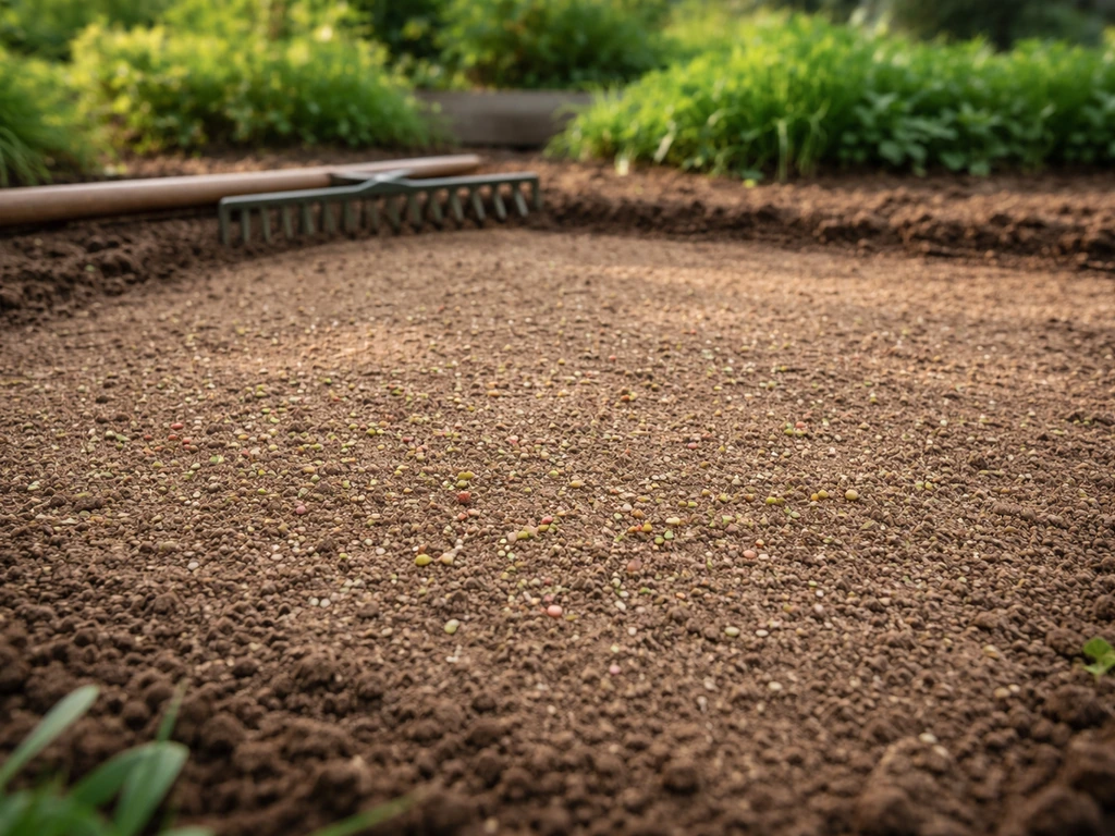 Graines de gazon potager en surface et léger tassement de terre avec le dos d’un râteau.