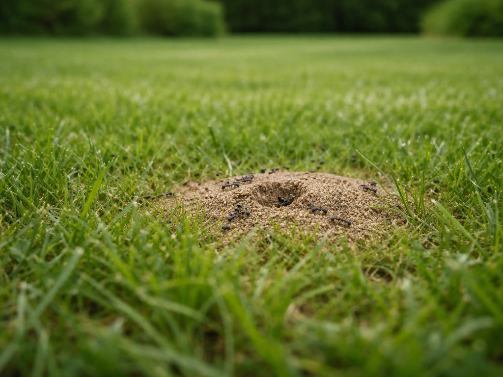 Pelouse verte avec une petite fourmilière et quelques fourmis visibles au premier plan.