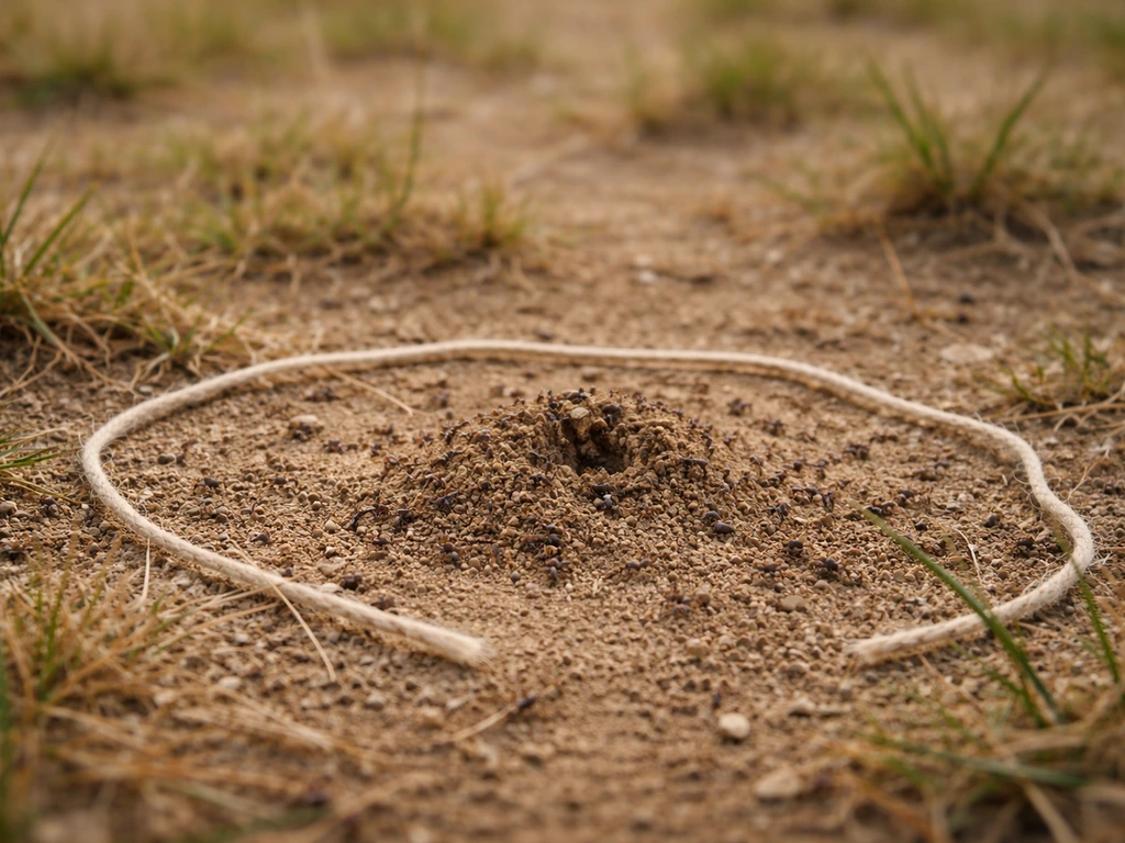 Monticules de fourmis dans une pelouse claire, repère au sol pour observer leur activité près des brins d’herbe.