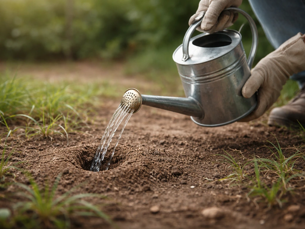 Personne gantée verse de l’eau chaude au niveau de l’entrée d’une fourmilière dans un jardin