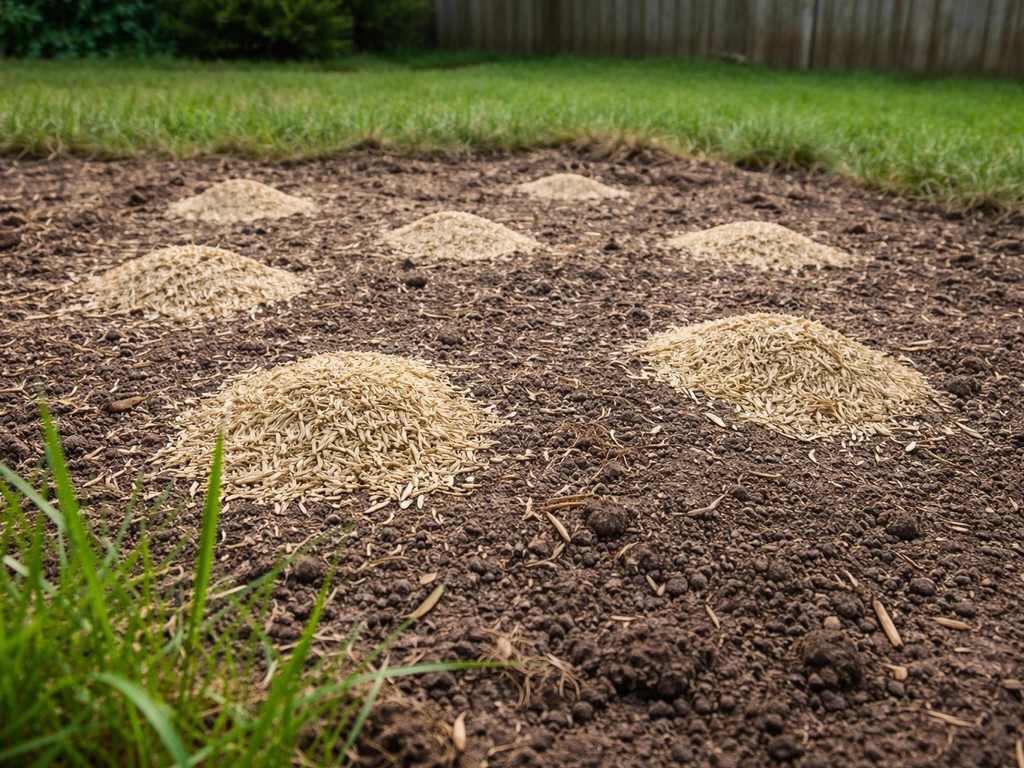Poignées de graines de graminées et brins d’herbe au-dessus d’un sol brun, jardin minimal, lumière naturelle.