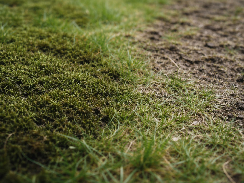 Gazon envahi par une mousse épaisse, sol affaibli avec traces de scarification en arrière-plan.