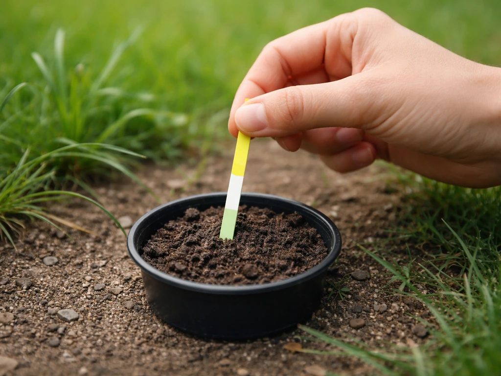 Bandelette de test de pH trempée dans la terre d’une pelouse pour vérifier le pH avant tout apport.