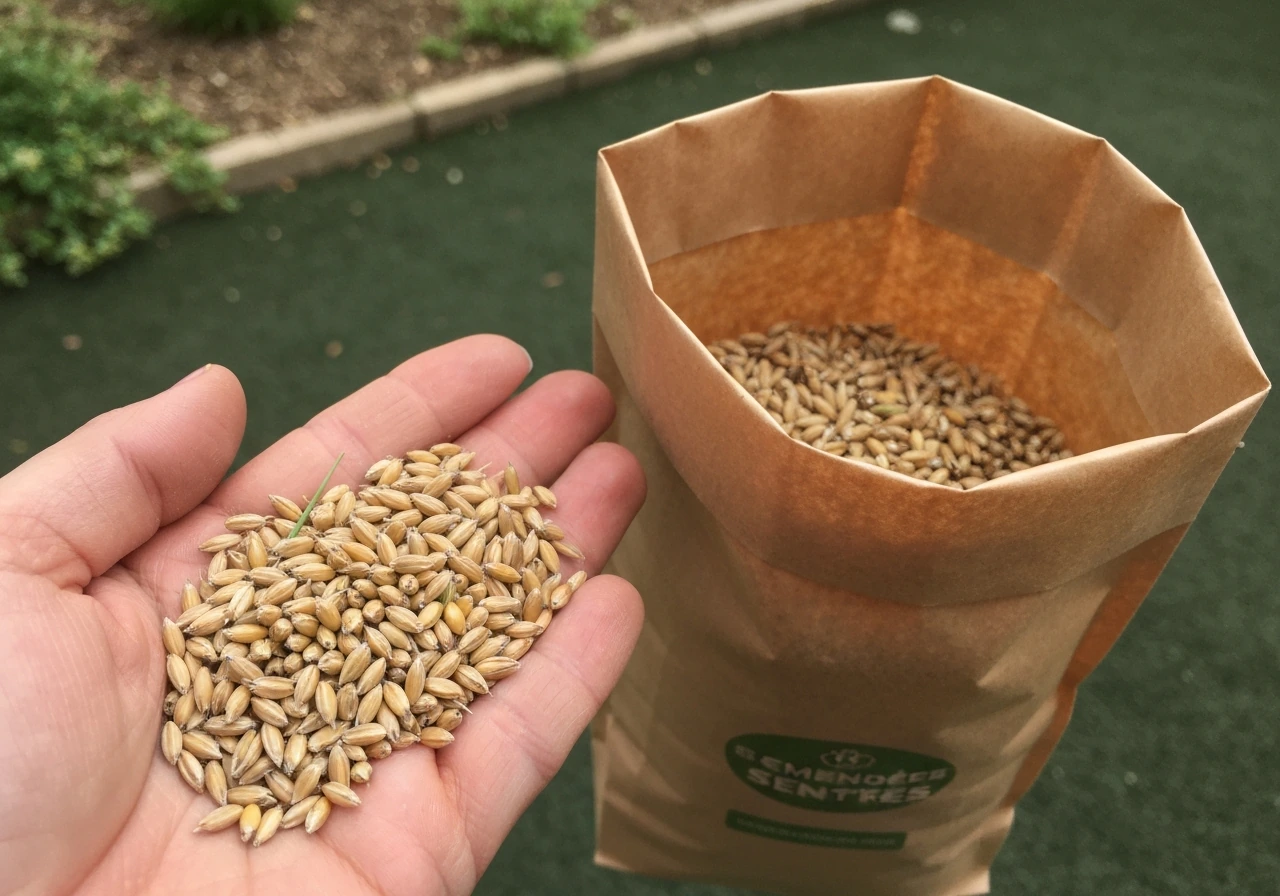 Gros plan de graines de graminées et d’un sac de semences kraft, ambiance jardin au naturel.