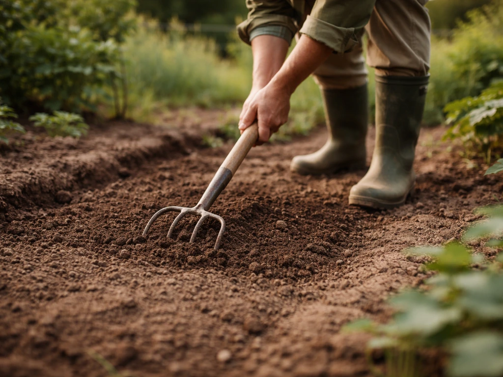 Main anonyme qui gratte la terre sur quelques centimètres avant de semer, zone propre en jardin.