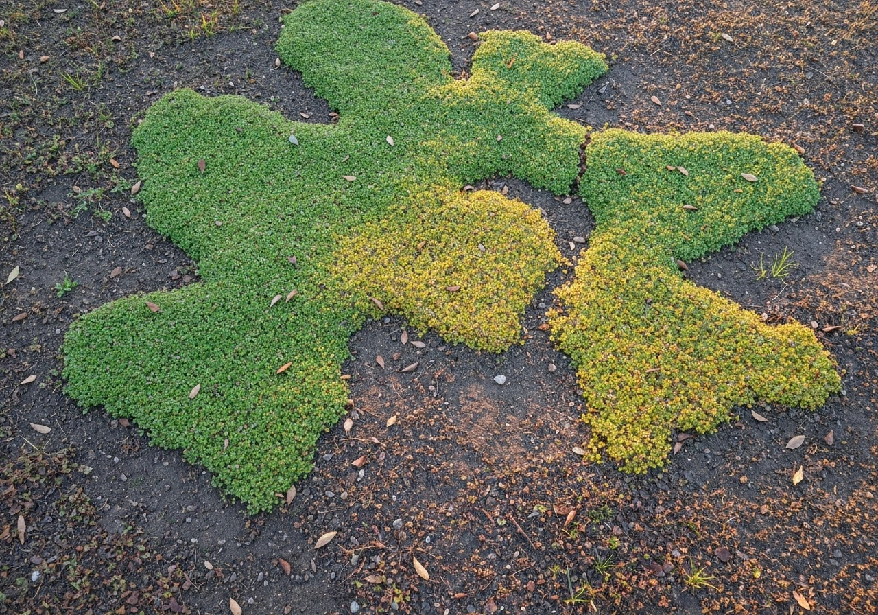 Gazon sauvage en gros plan : zones jaunies, plaques irrégulières et herbe clairsemée visibles.