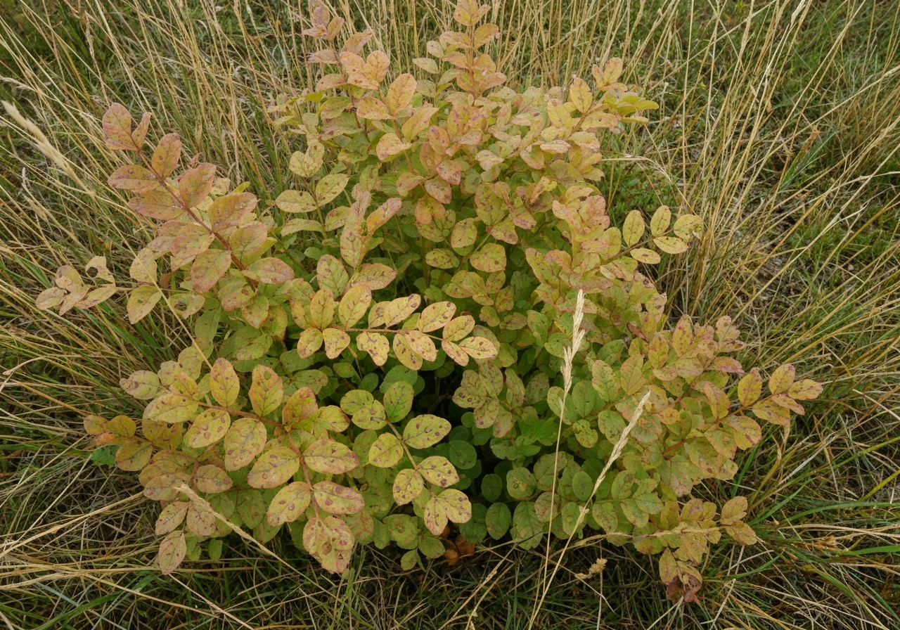 Gazon sauvage avec petites taches foliaires brunâtres et humides, vues de près