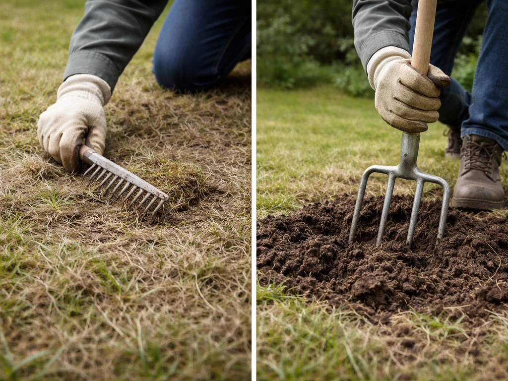 Jardinier sur sol légèrement feutré scarifie avec un peigne à main puis aère avec une fourche-bêche, lumière naturelle.
