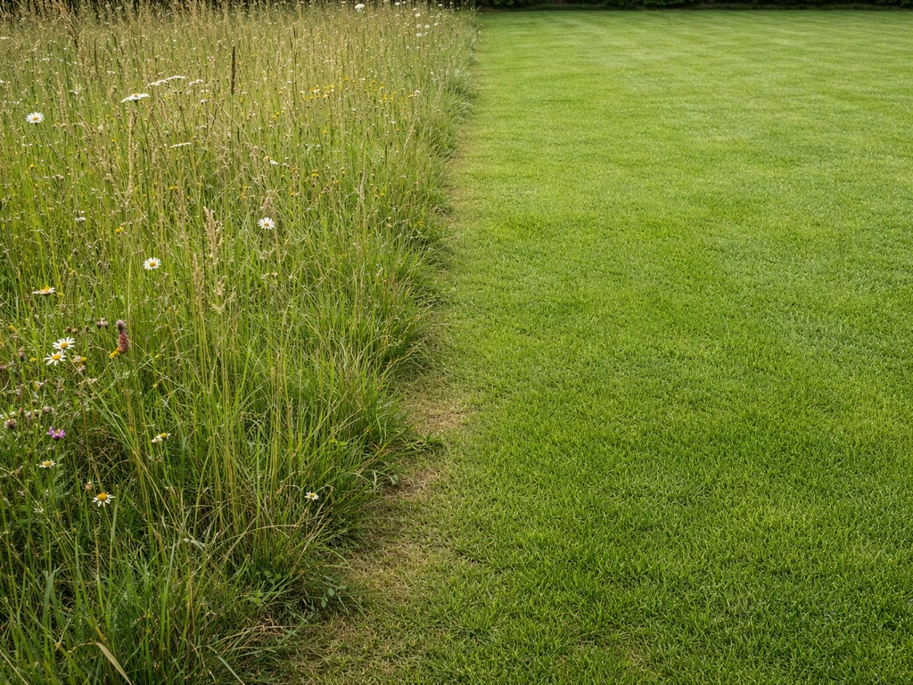 Deux zones d’herbe côte à côte : prairie rustique haute à gauche et gazon dense et régulier à droite.