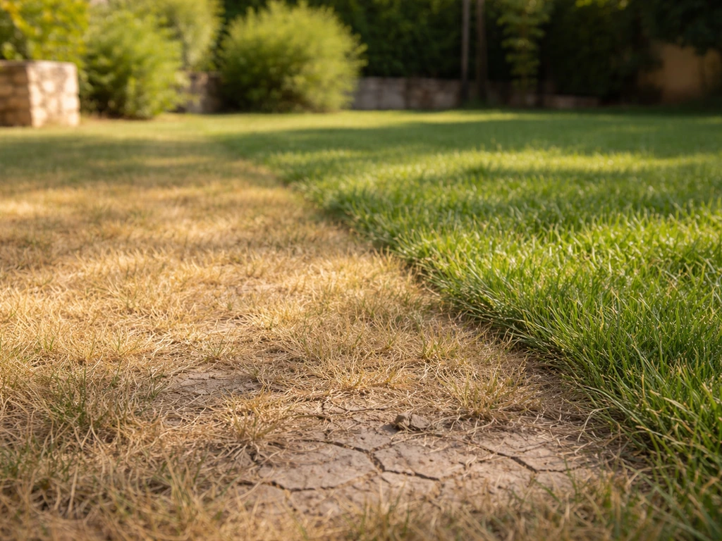 Pelouse en été partiellement jaunie en dormance, avec une zone voisine plus verte et dense.