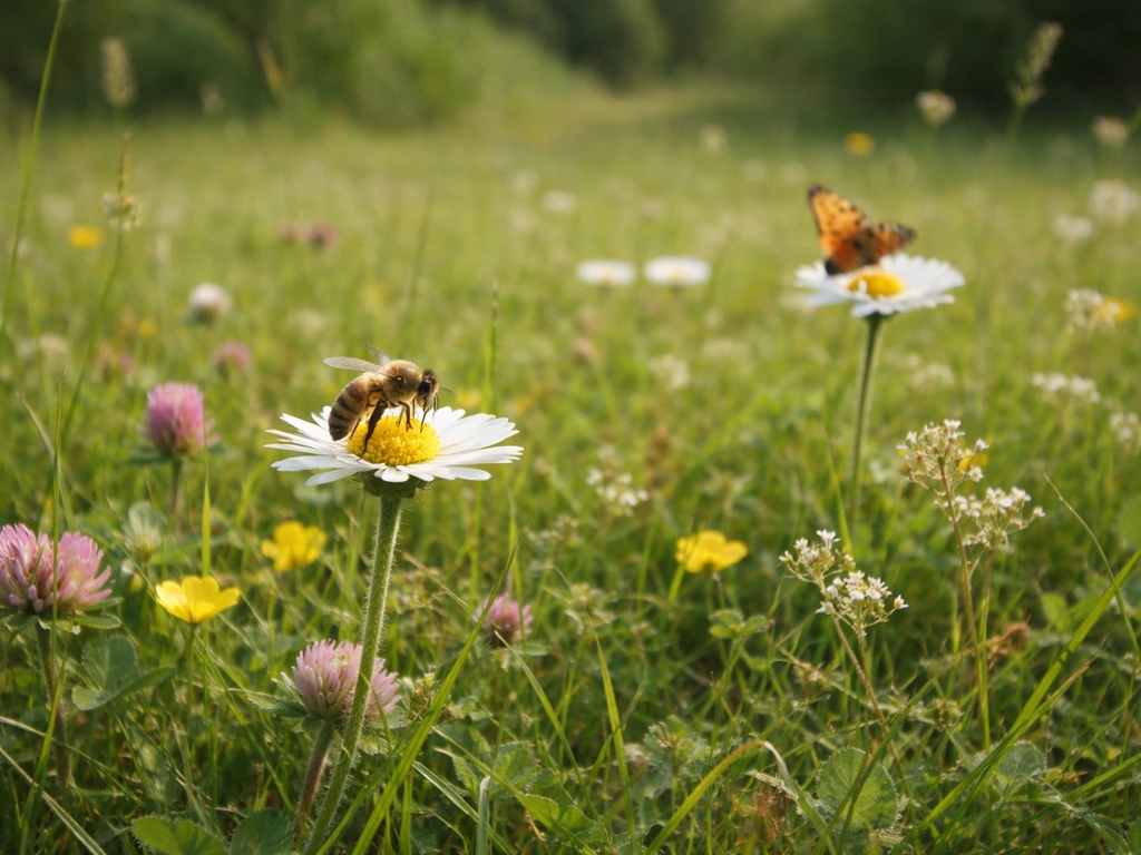 Abeille et papillon sur des fleurs dans une pelouse moins tondue, végétation variée et naturelle